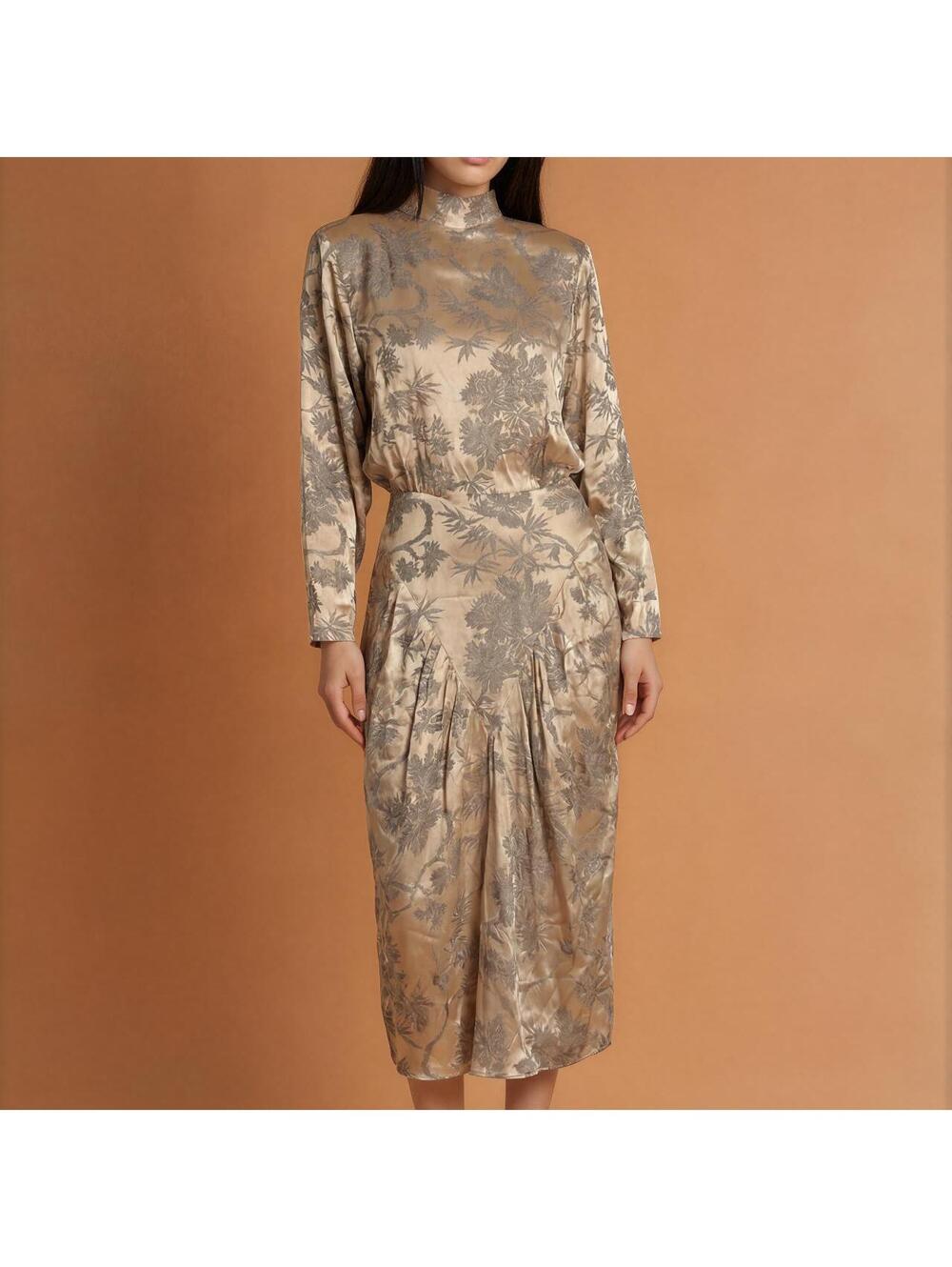 80s long sleeve gold damask silk floral print midi dress #floraldress